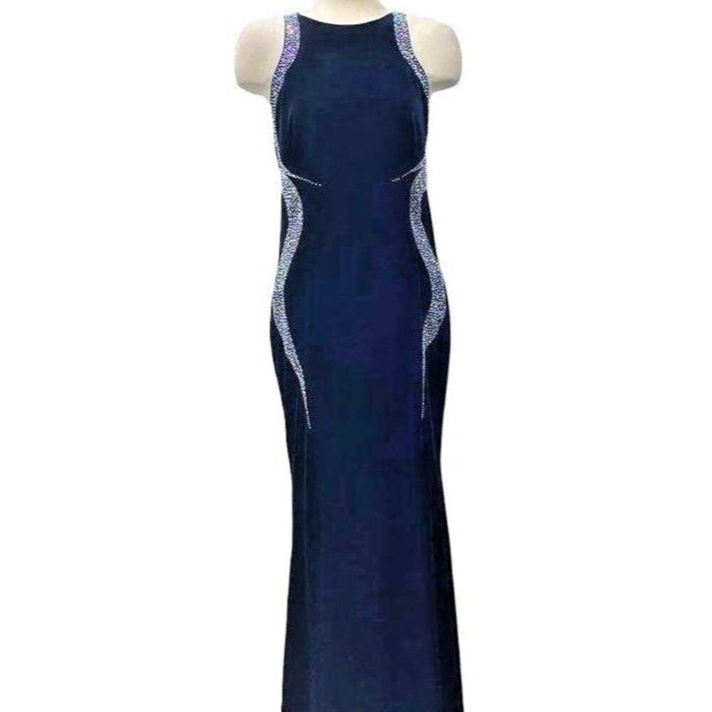 Vintage Cachet Midnight Blue Velvet Rhinestone Sequin Prom Gown Dress 10